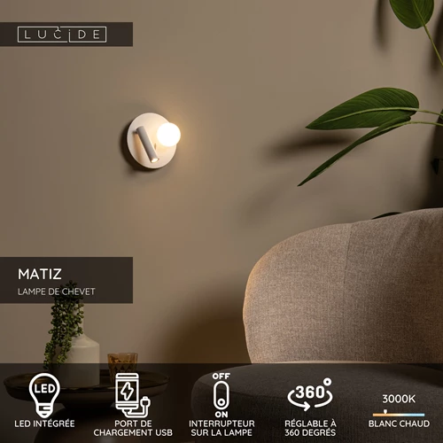 Lucide MATIZ - Lampe de chevet / Applique mural - Ø 16,5 cm - LED - 3000K - Point de rechargement USB - Blanc - USP